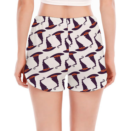 Purple Halloween Witch Hat Pattern Print Women's Split Running Shorts