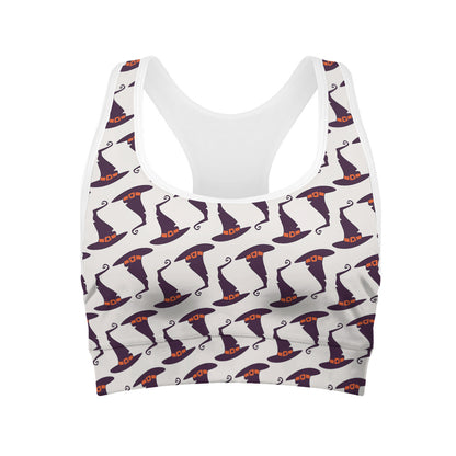 Purple Halloween Witch Hat Pattern Print Women's Sports Bra