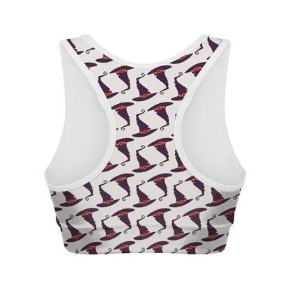 Purple Halloween Witch Hat Pattern Print Women's Sports Bra