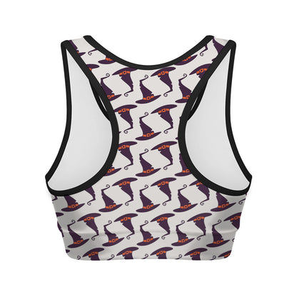 Purple Halloween Witch Hat Pattern Print Women's Sports Bra