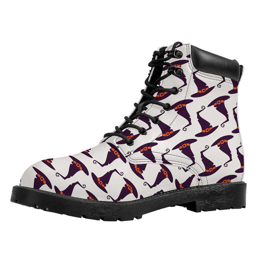Purple Halloween Witch Hat Pattern Print Work Boots