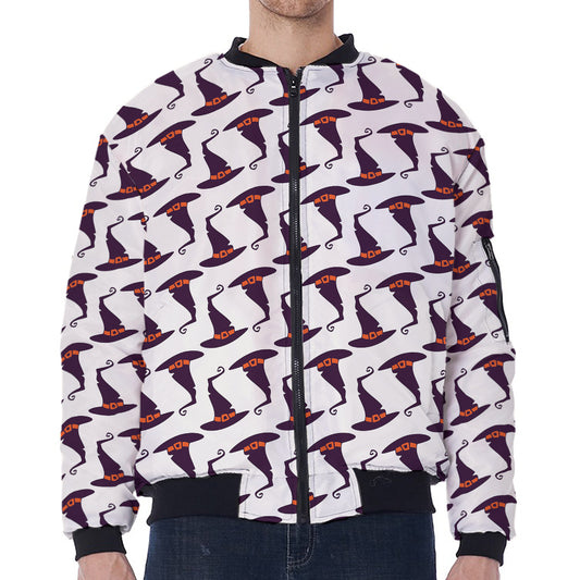 Purple Halloween Witch Hat Pattern Print Zip Sleeve Bomber Jacket