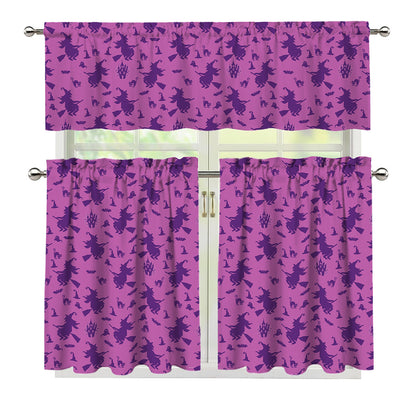 Purple Halloween Witch Pattern Print 3 Piece Kitchen Curtains
