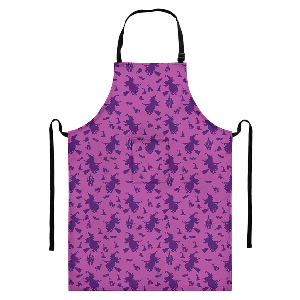 Purple Halloween Witch Pattern Print Bib Apron With Pocket