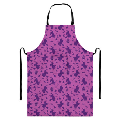 Purple Halloween Witch Pattern Print Bib Apron With Pocket