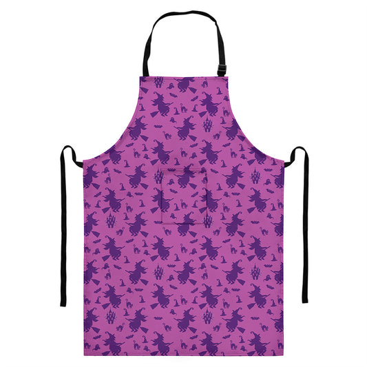 Purple Halloween Witch Pattern Print Bib Apron With Pocket