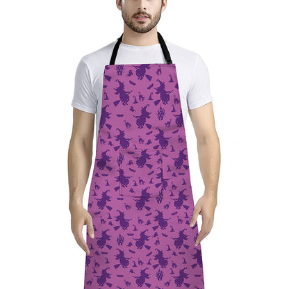 Purple Halloween Witch Pattern Print Bib Apron With Pocket