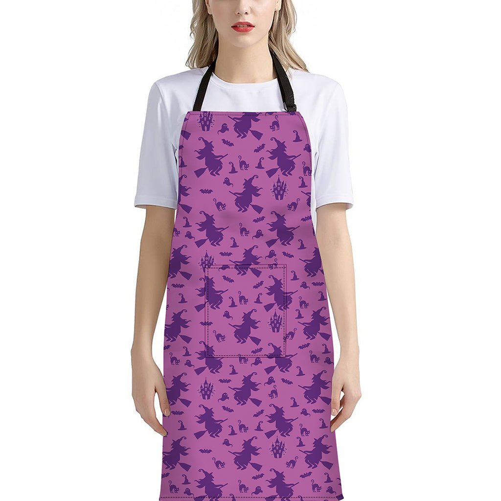 Purple Halloween Witch Pattern Print Bib Apron With Pocket