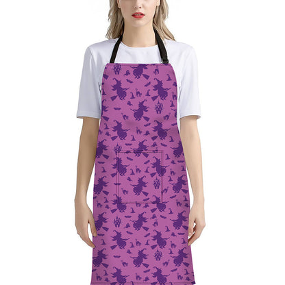 Purple Halloween Witch Pattern Print Bib Apron With Pocket