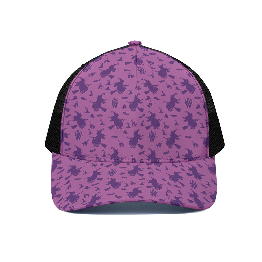 Purple Halloween Witch Pattern Print Black Mesh Trucker Cap