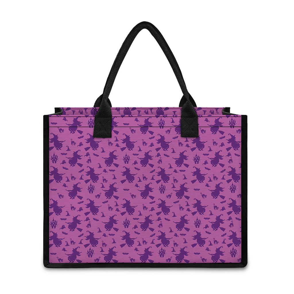 Purple Halloween Witch Pattern Print Canvas Tote Bag