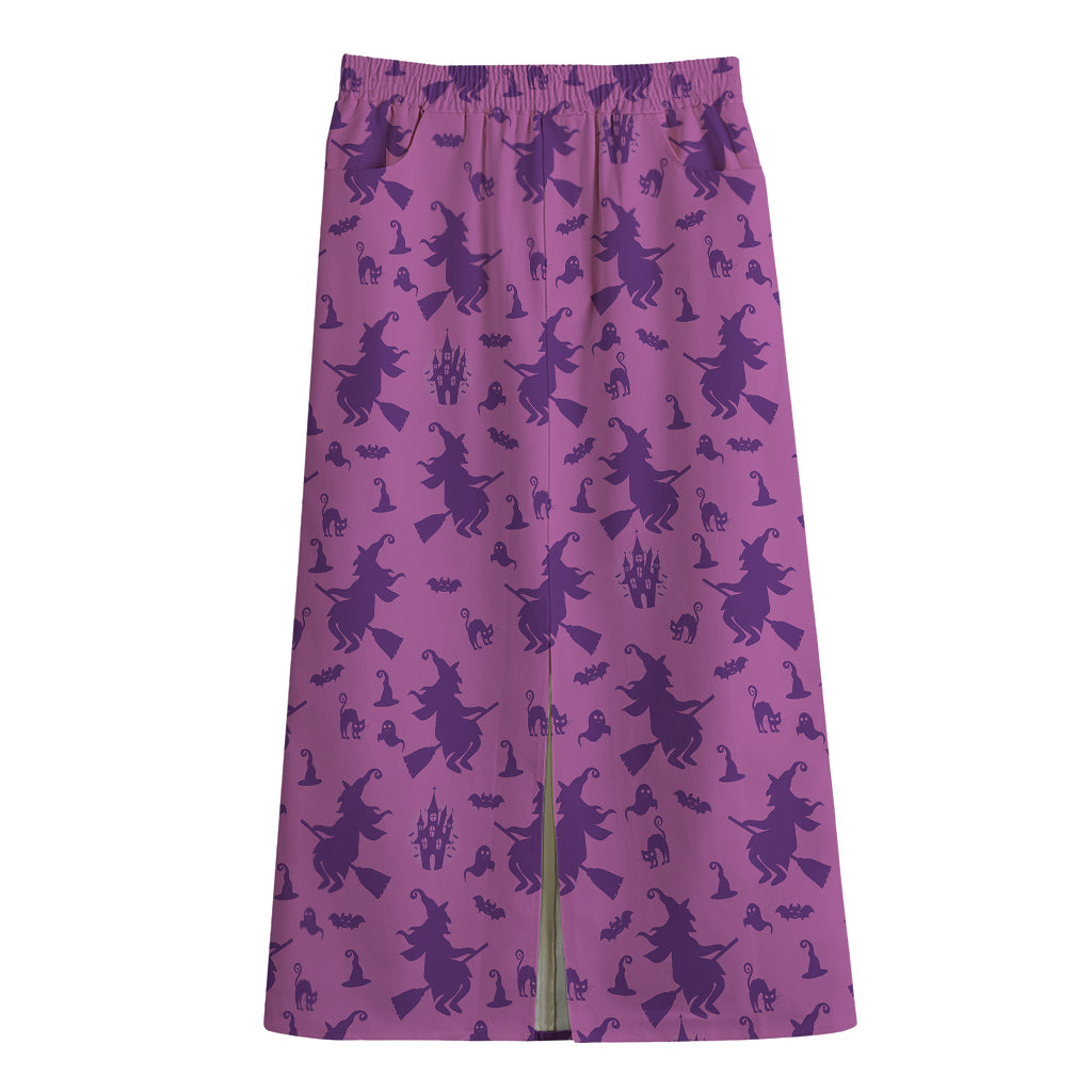Purple Halloween Witch Pattern Print Cotton Front Slit Maxi Skirt