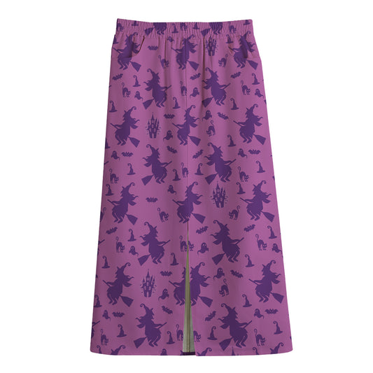 Purple Halloween Witch Pattern Print Cotton Front Slit Maxi Skirt