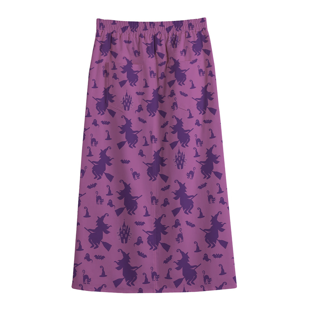 Purple Halloween Witch Pattern Print Cotton Front Slit Maxi Skirt