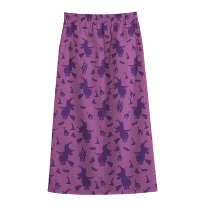 Purple Halloween Witch Pattern Print Cotton Front Slit Maxi Skirt