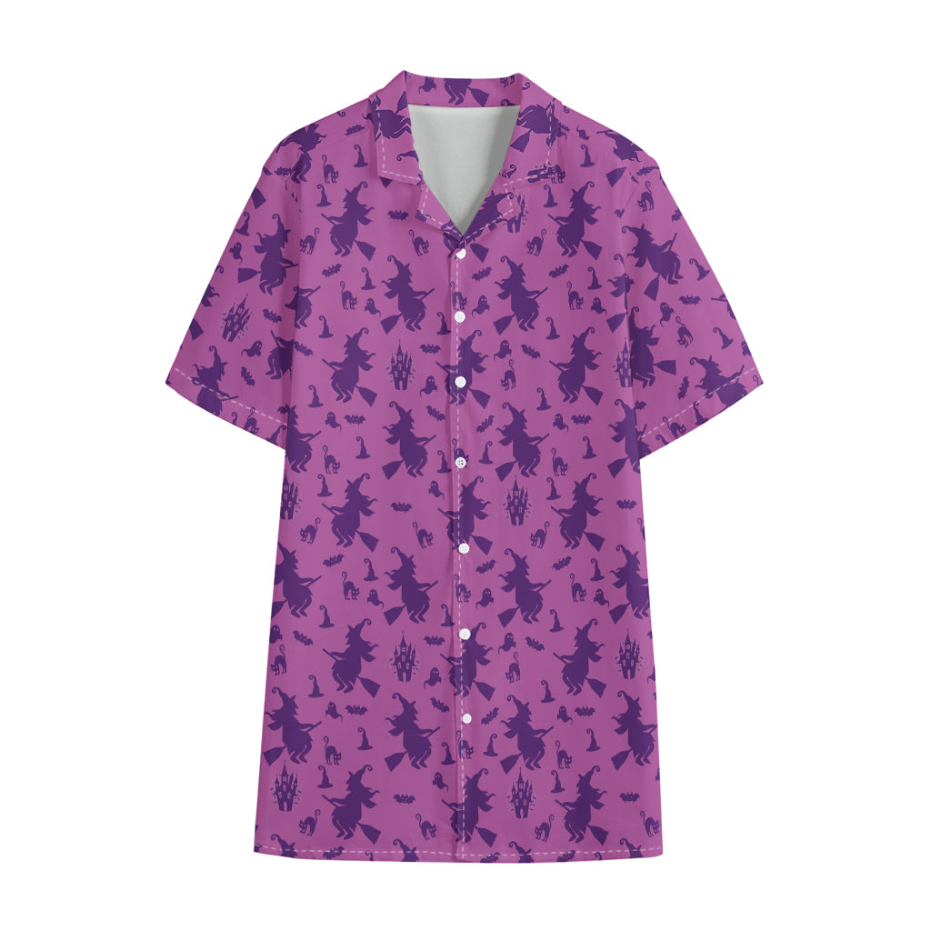 Purple Halloween Witch Pattern Print Cotton Hawaiian Shirt