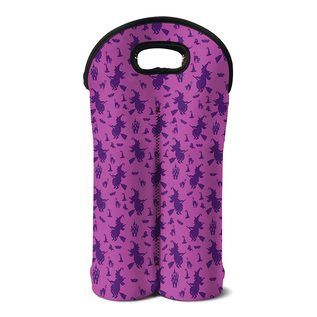 Purple Halloween Witch Pattern Print Double Neoprene Wine Tote
