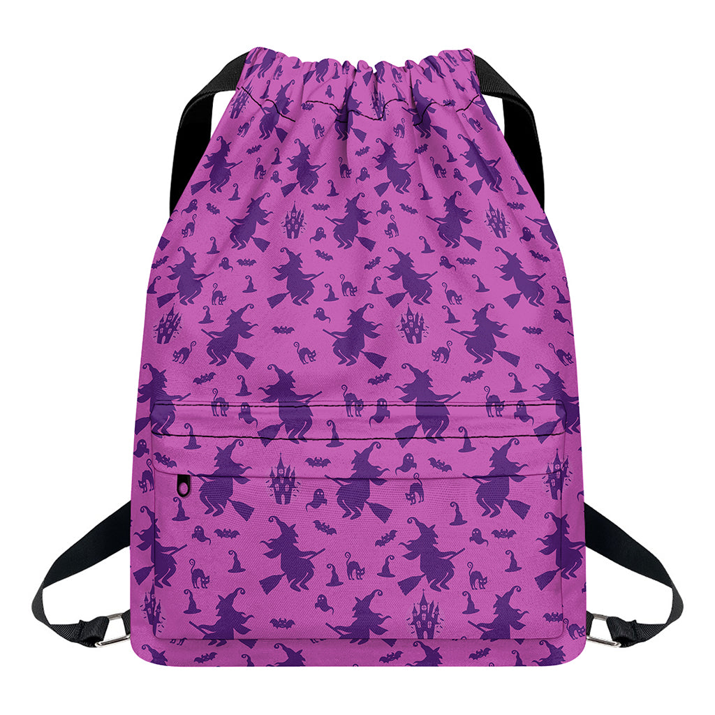 Purple Halloween Witch Pattern Print Drawstring Backpack