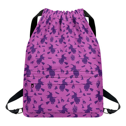 Purple Halloween Witch Pattern Print Drawstring Backpack