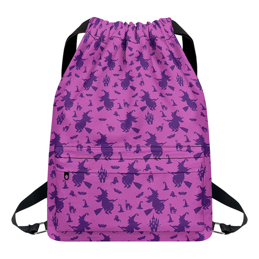 Purple Halloween Witch Pattern Print Drawstring Backpack