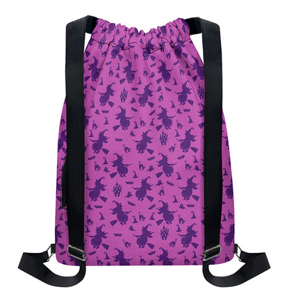Purple Halloween Witch Pattern Print Drawstring Backpack