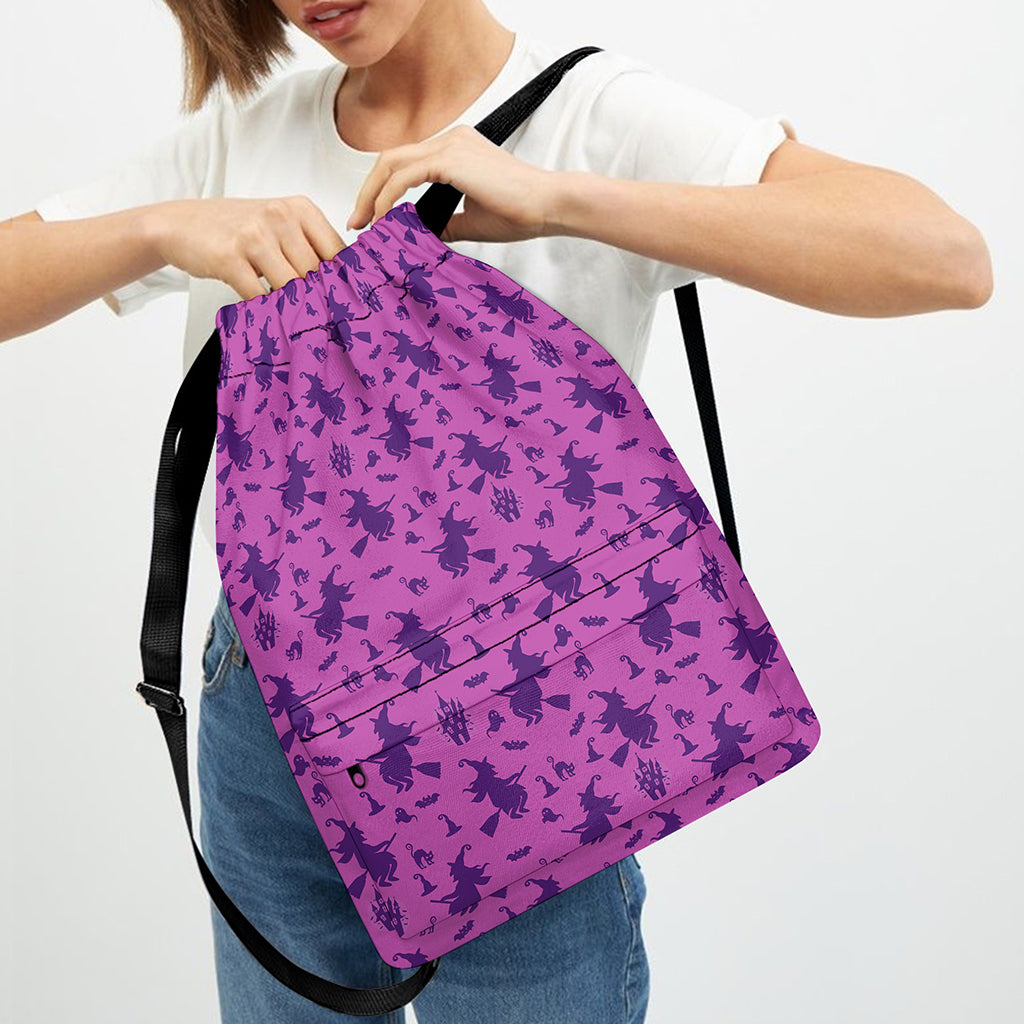 Purple Halloween Witch Pattern Print Drawstring Backpack