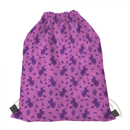 Purple Halloween Witch Pattern Print Drawstring Bag