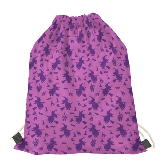 Purple Halloween Witch Pattern Print Drawstring Bag