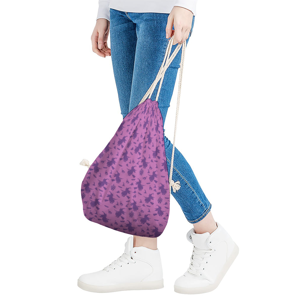 Purple Halloween Witch Pattern Print Drawstring Bag