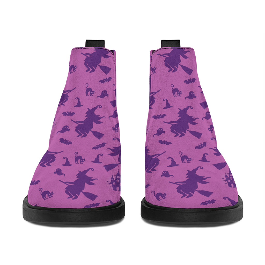 Purple Halloween Witch Pattern Print Flat Ankle Boots