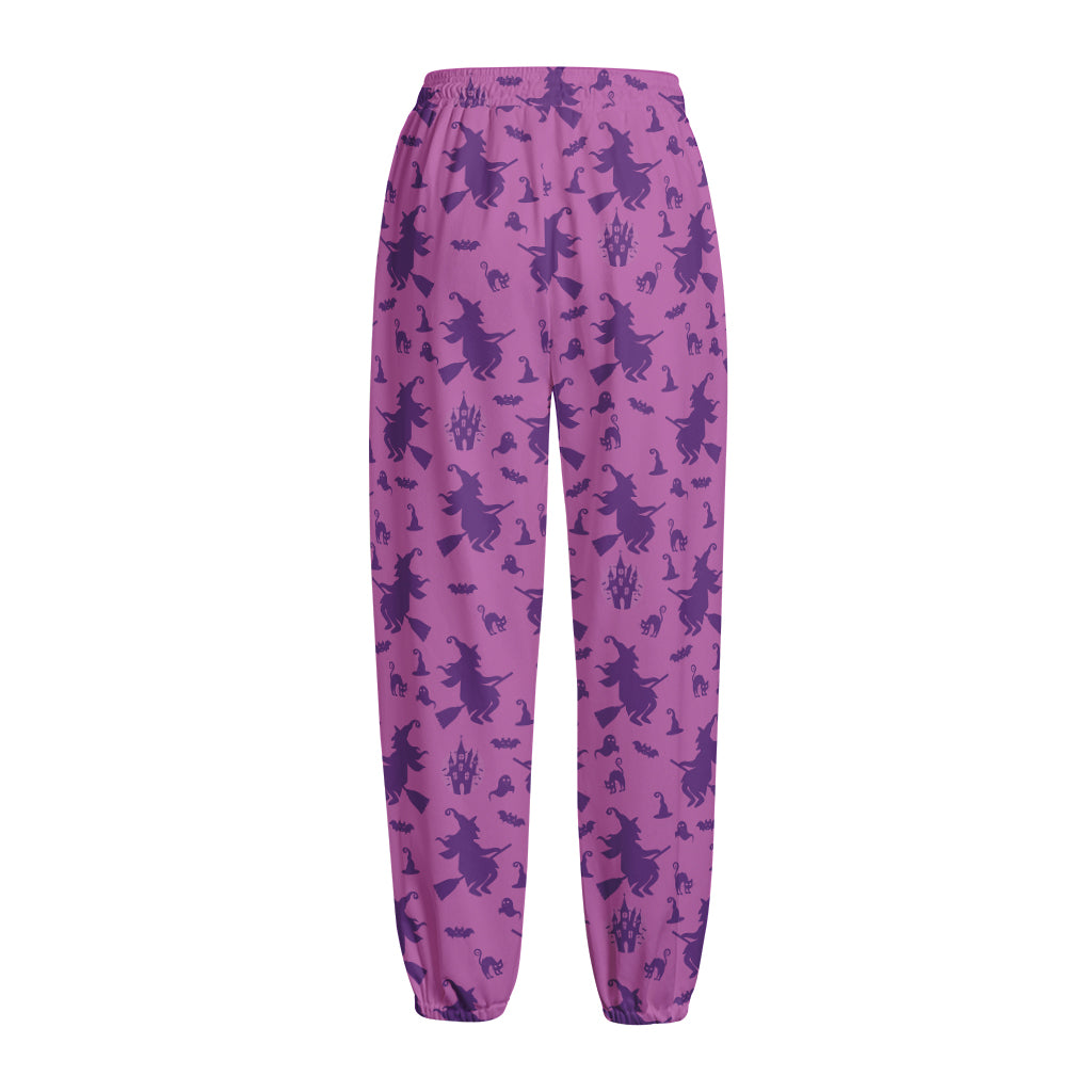 Purple Halloween Witch Pattern Print Fleece Lined Knit Pants