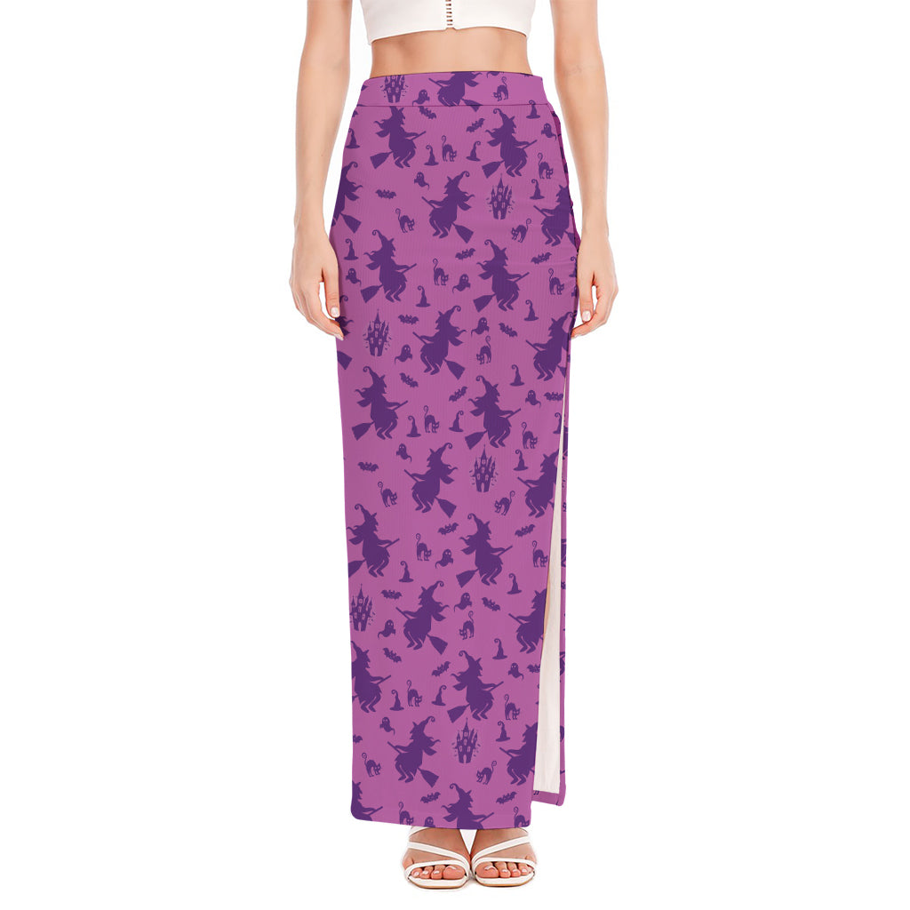 Purple Halloween Witch Pattern Print High Slit Maxi Skirt