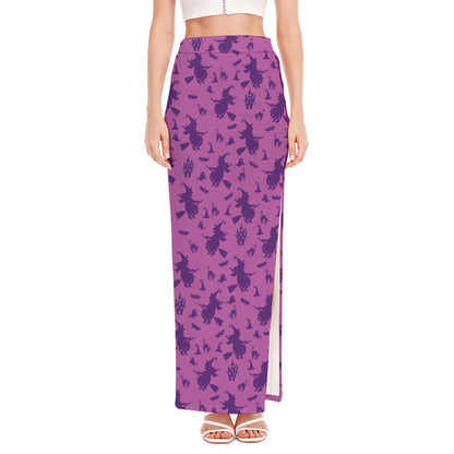 Purple Halloween Witch Pattern Print High Slit Maxi Skirt