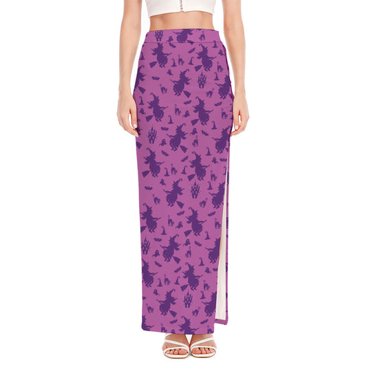 Purple Halloween Witch Pattern Print High Slit Maxi Skirt