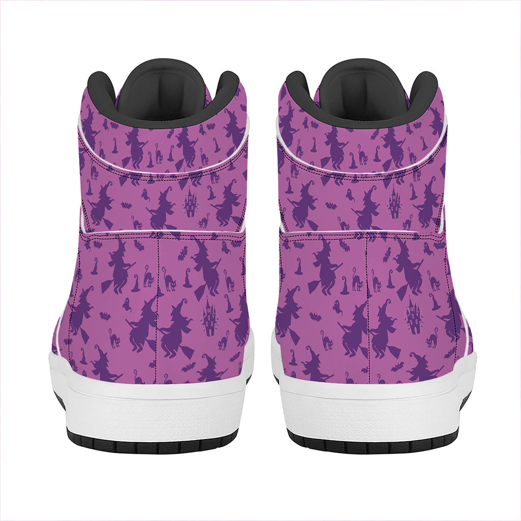 Purple Halloween Witch Pattern Print High Top Leather Sneakers