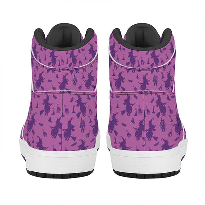 Purple Halloween Witch Pattern Print High Top Leather Sneakers