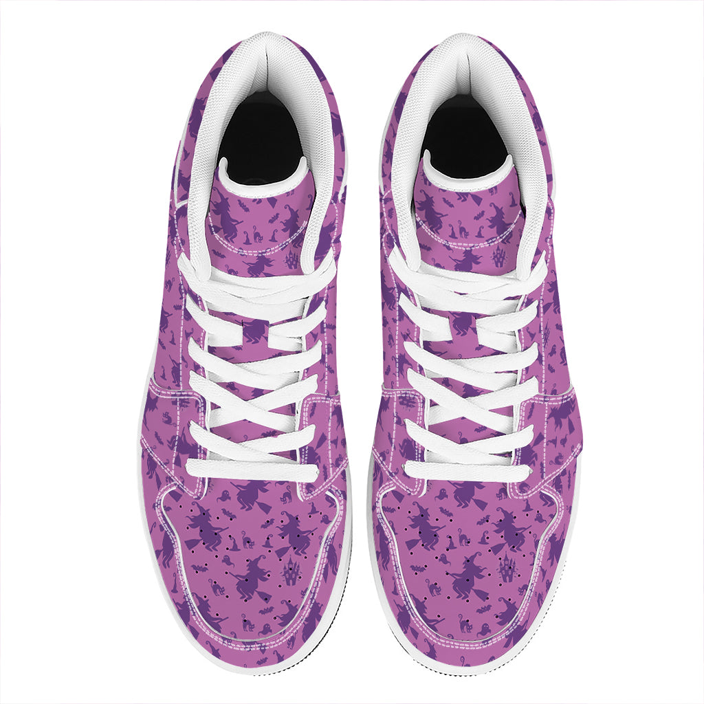 Purple Halloween Witch Pattern Print High Top Leather Sneakers