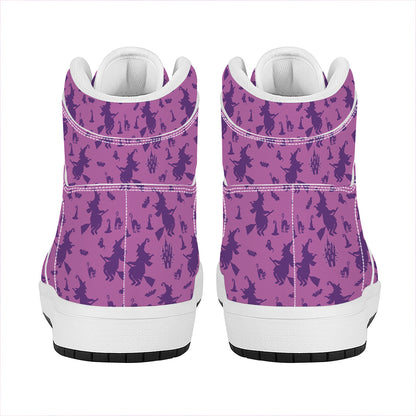 Purple Halloween Witch Pattern Print High Top Leather Sneakers