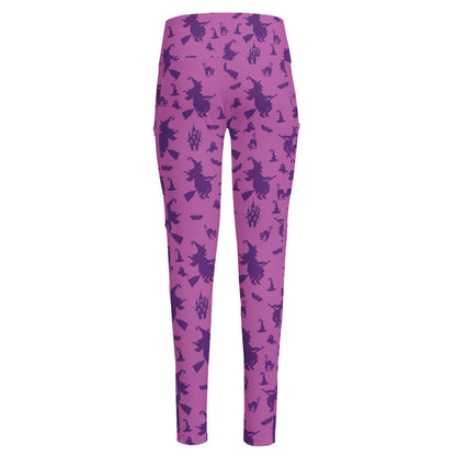 Purple Halloween Witch Pattern Print High-Waisted Pocket Leggings