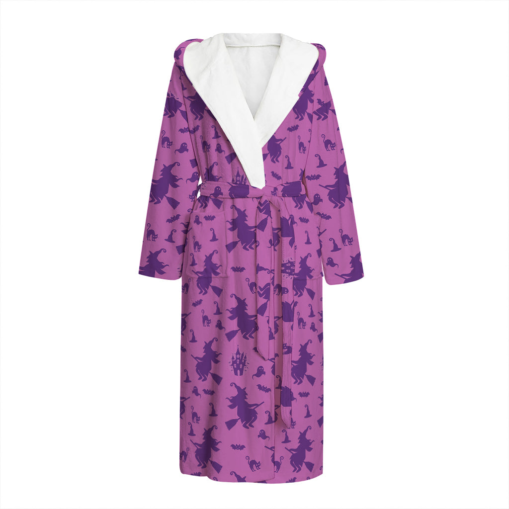 Purple Halloween Witch Pattern Print Hooded Bathrobe