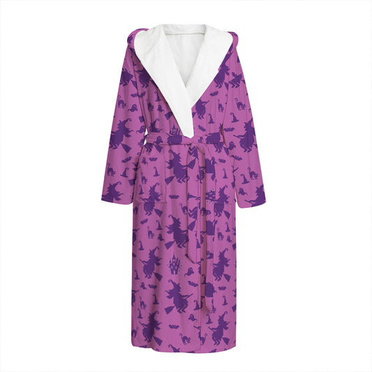 Purple Halloween Witch Pattern Print Hooded Bathrobe