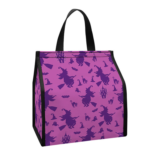 Purple Halloween Witch Pattern Print Insulated Lunch Tote
