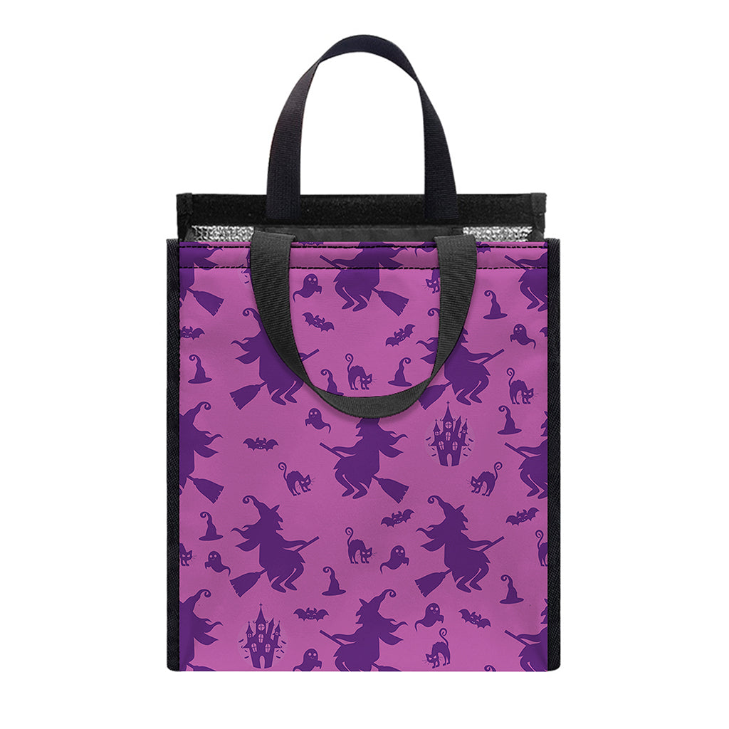 Purple Halloween Witch Pattern Print Insulated Lunch Tote