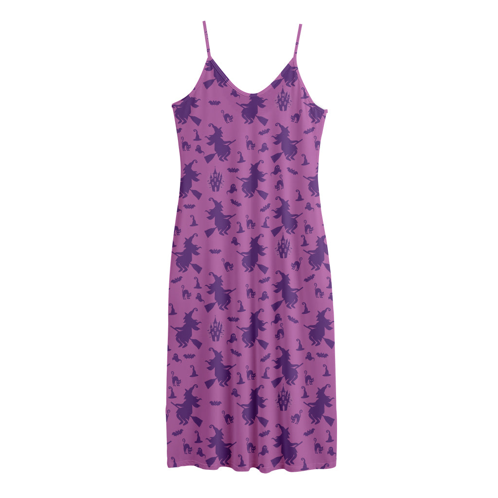 Purple Halloween Witch Pattern Print Jersey Midi Cami Dress