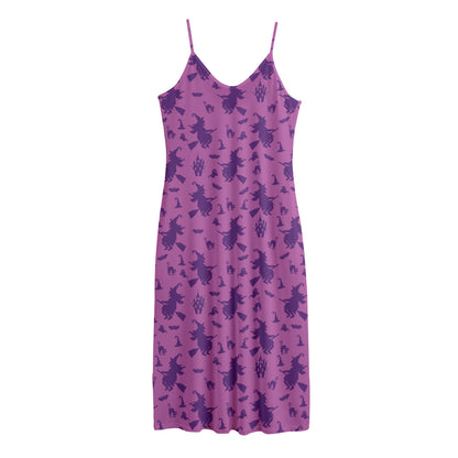 Purple Halloween Witch Pattern Print Jersey Midi Cami Dress