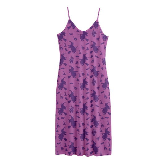 Purple Halloween Witch Pattern Print Jersey Midi Cami Dress