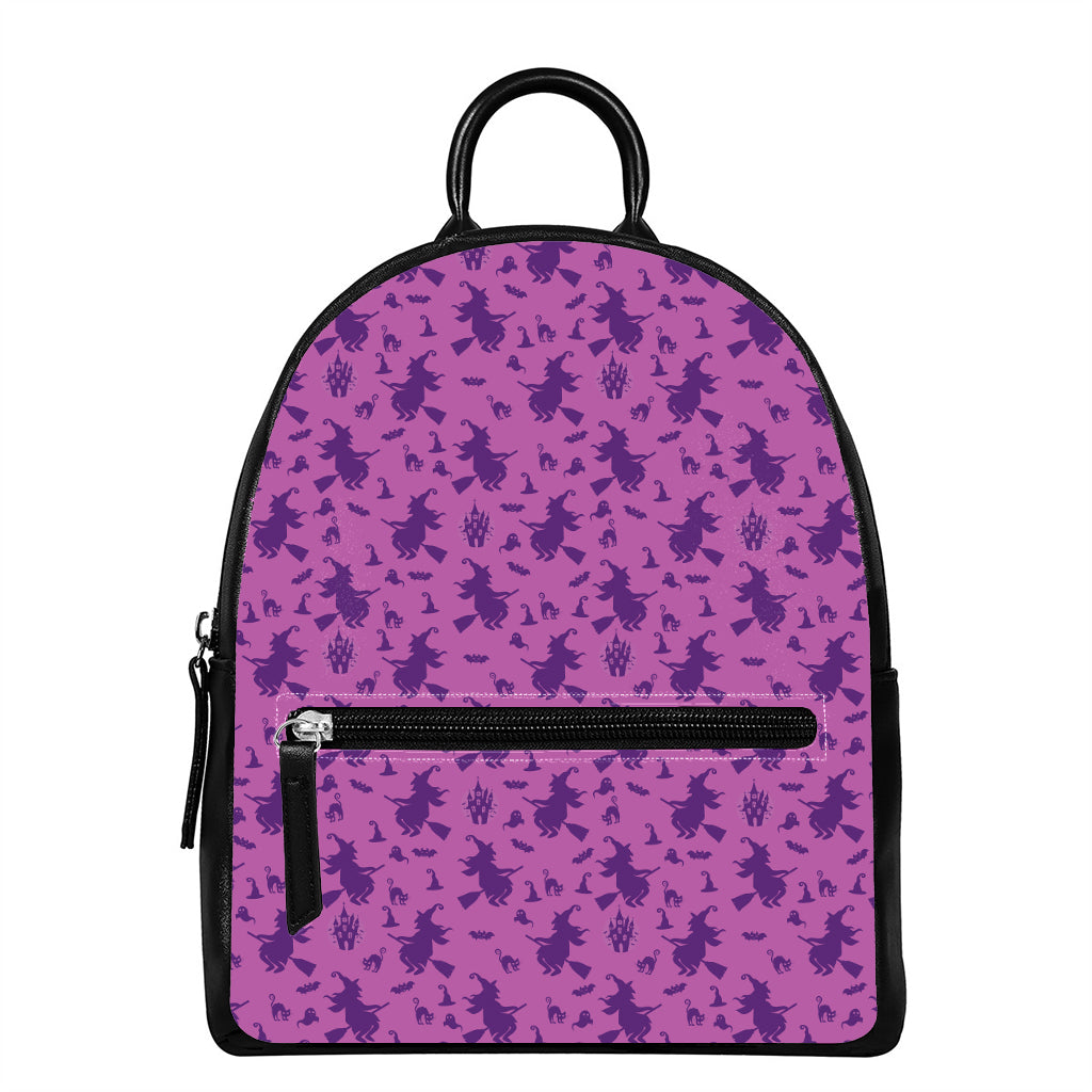 Purple Halloween Witch Pattern Print Leather Backpack