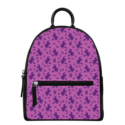 Purple Halloween Witch Pattern Print Leather Backpack