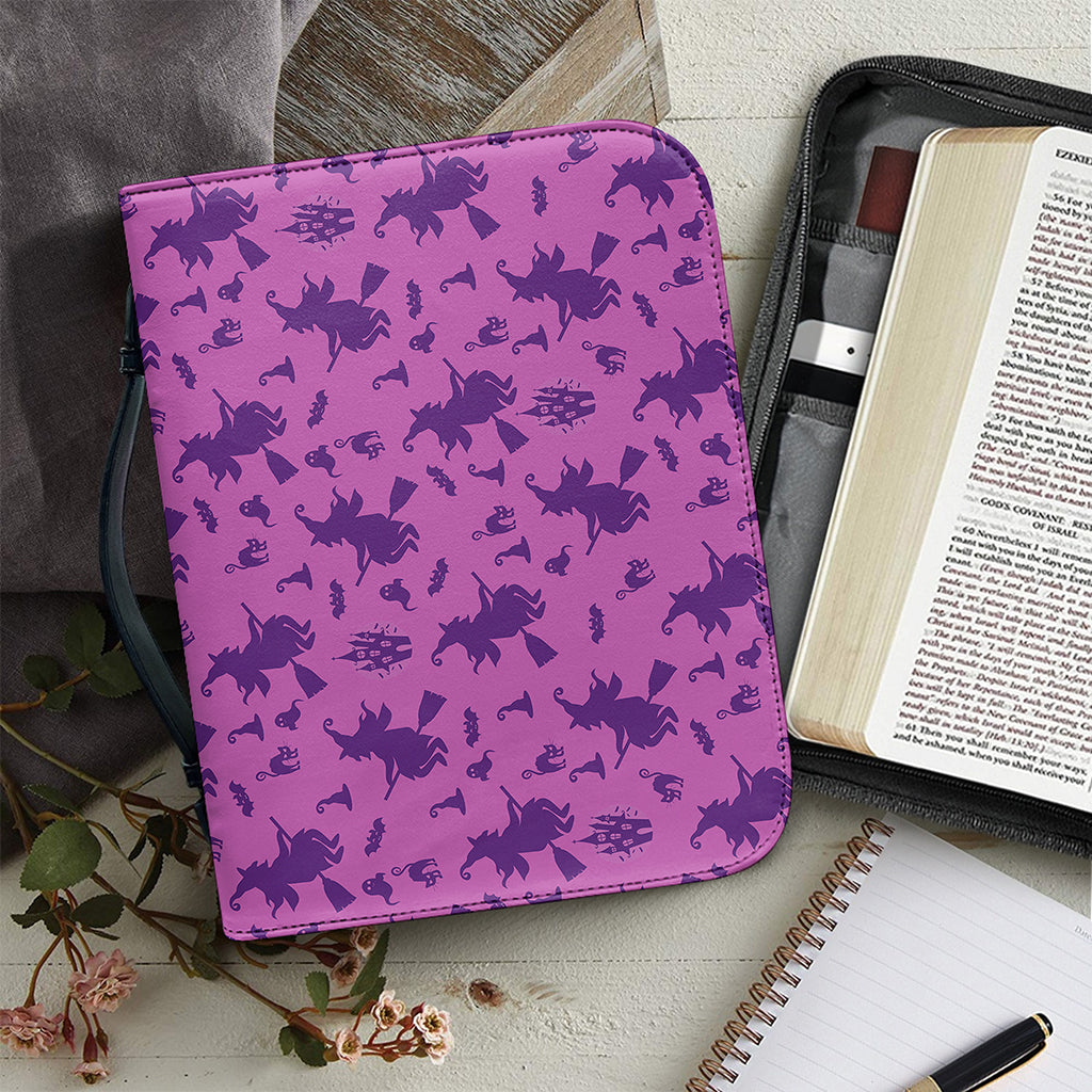 Purple Halloween Witch Pattern Print Leather Bible Cover