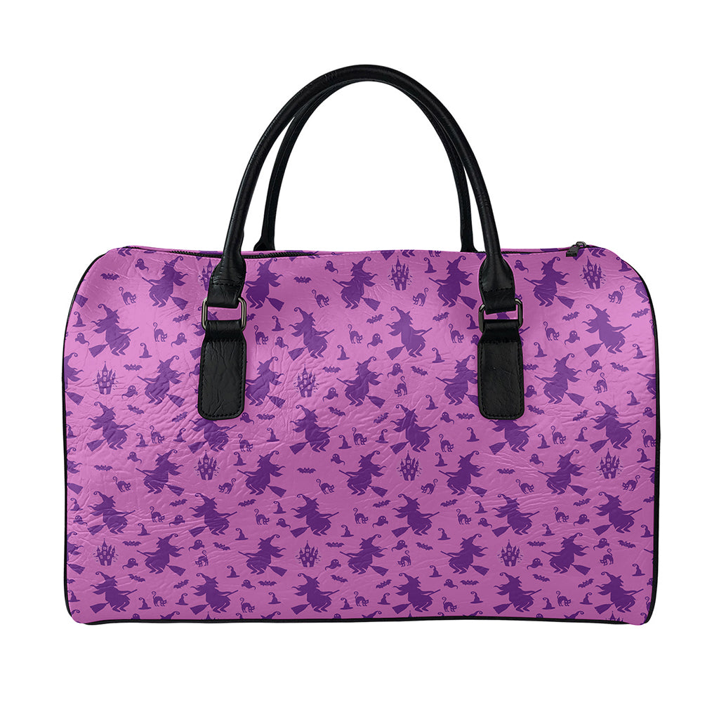 Purple Halloween Witch Pattern Print Leather Duffle Bag